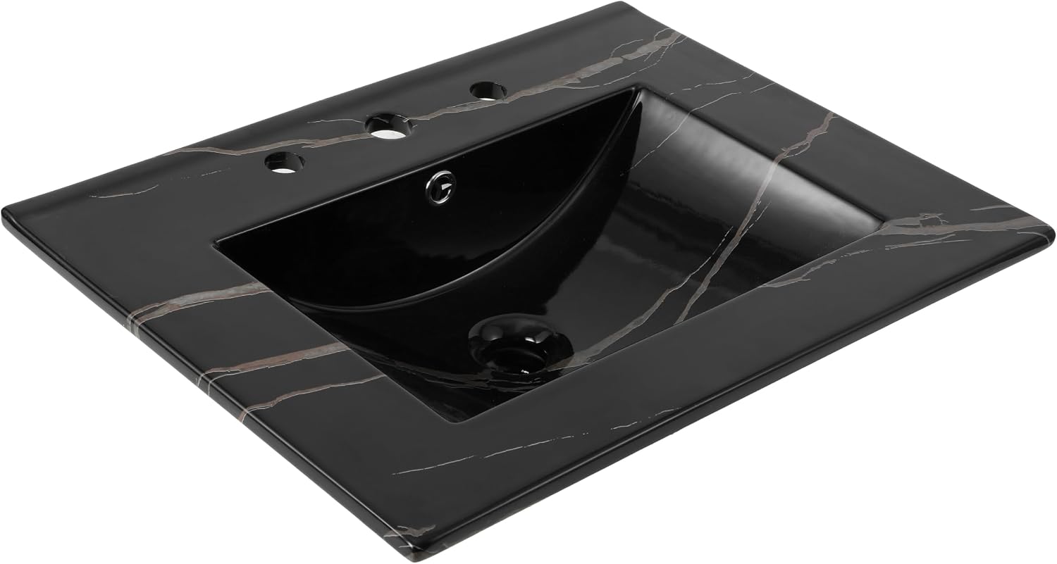 JONATHAN Y Ancillary 24 in. W x 18.25 in. D Ceramic Vanity Sink Top with 3-Hole Rectangular Single Sink Basin, Black Marble Effect SNK1001D