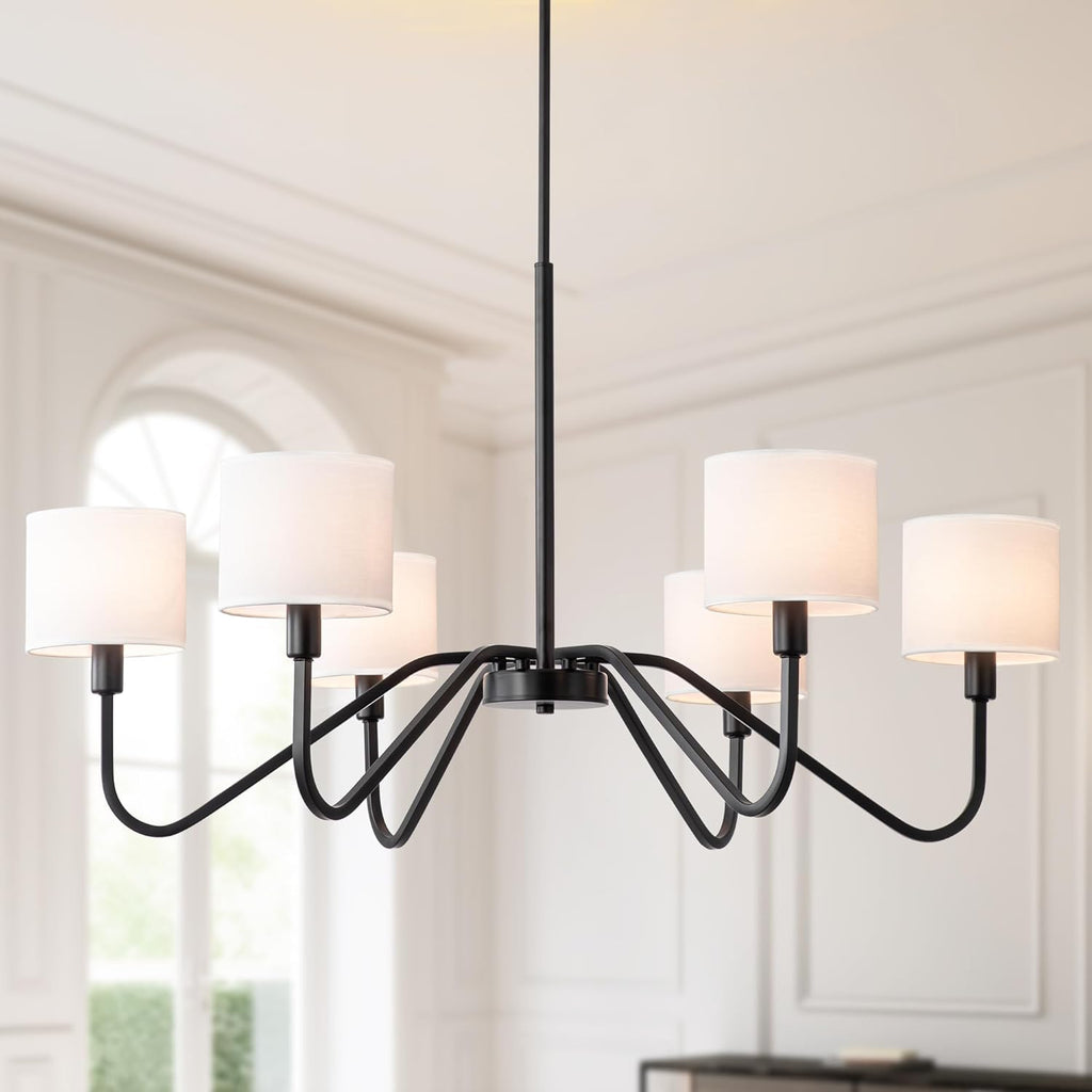 Modern Black 6-Light Chandelier, 39' Pendant Light with White Fabric Shade Adjustable Classic Chandelier Light Fixtures for Kitchen Island Dining & Living Room Entryway