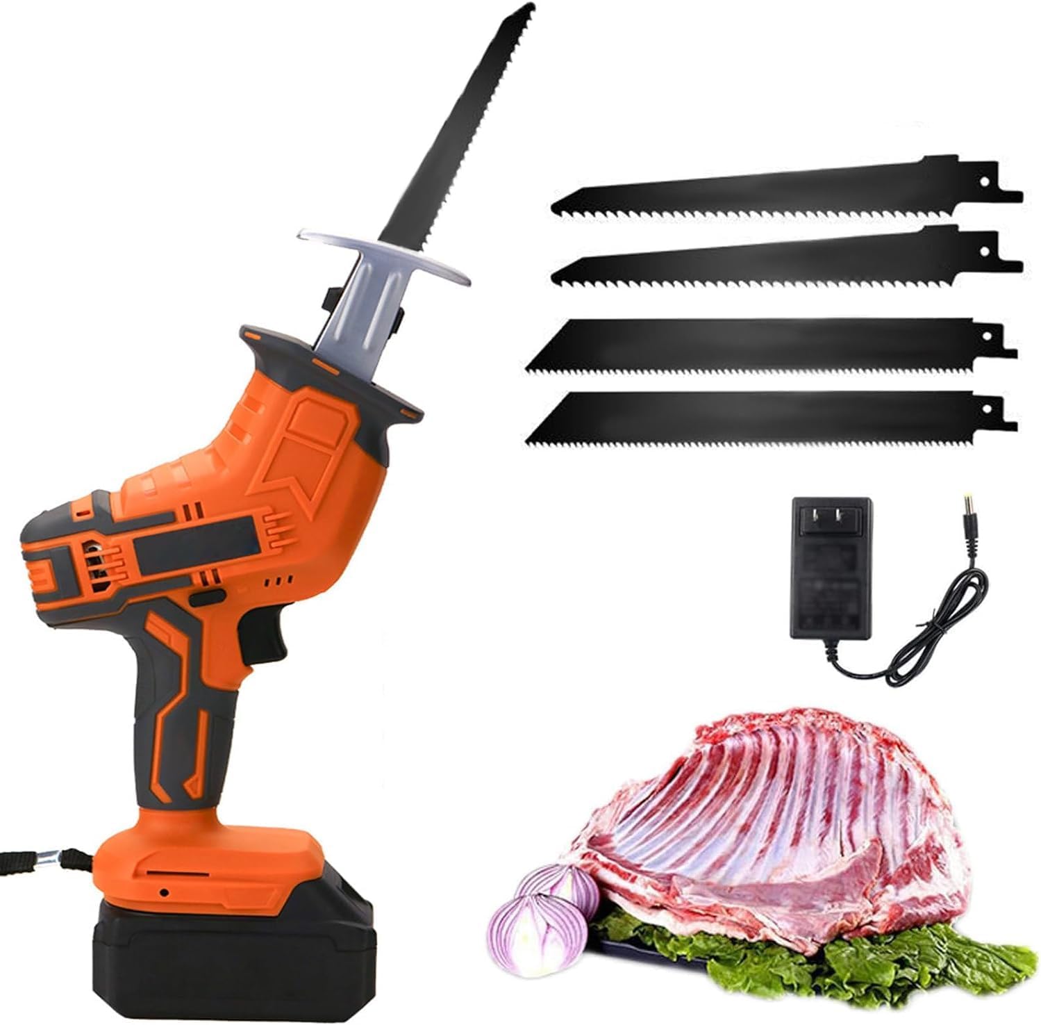 electric meat and bone saw Electric Commercial Home Butchers Saw, Electric Reciprocating Saws,Hacksaw Handheld Cordless Tools for Cutting Meat/Bones 450W (2Battery)