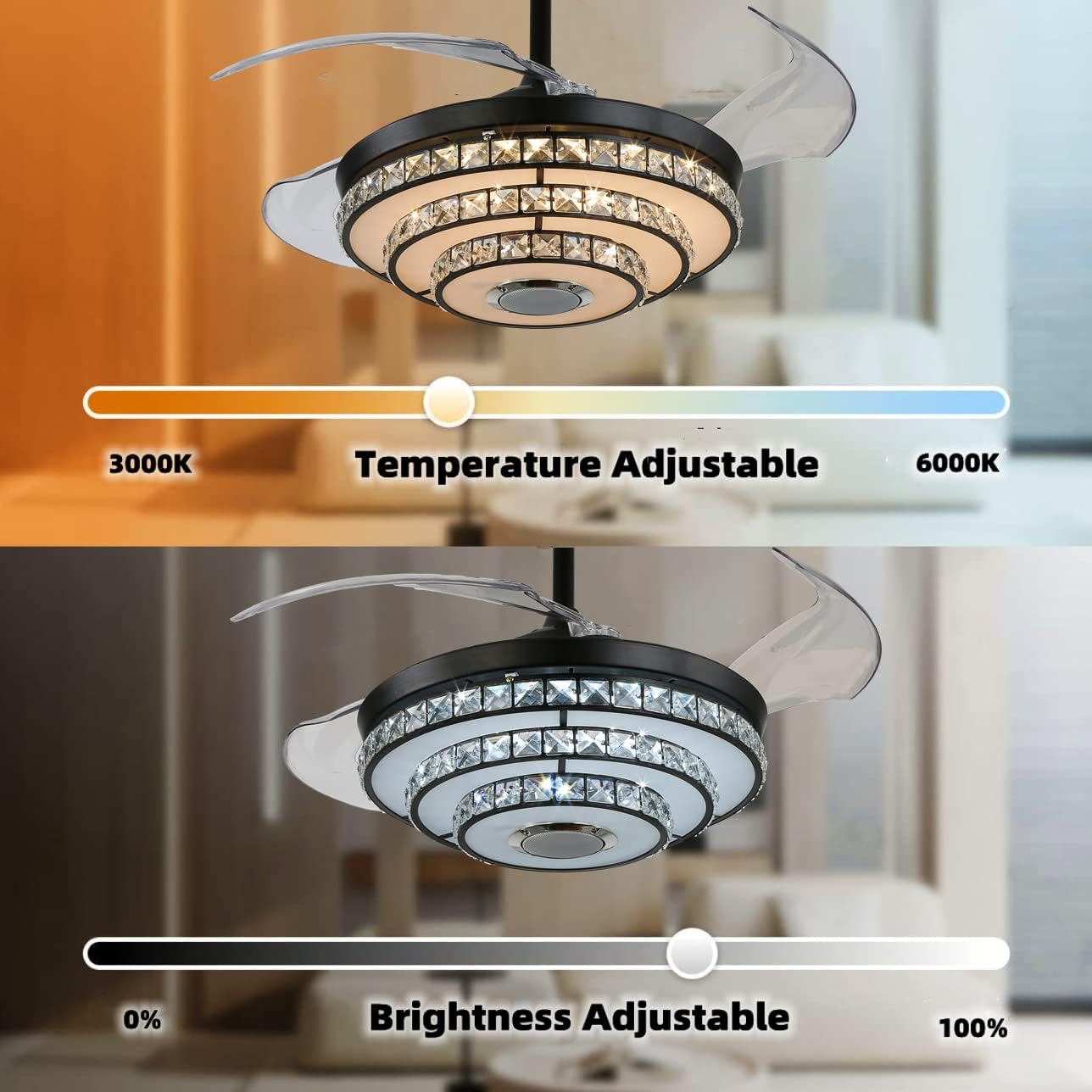 42' Smart Ceiling Fan with Lights and Bluetooth Speaker, Retractable Black Fandelier RGB Color Dimmable LED Crystal Chandelier Fans with Remote Control, Reversible Silent Motor, 6 Speeds