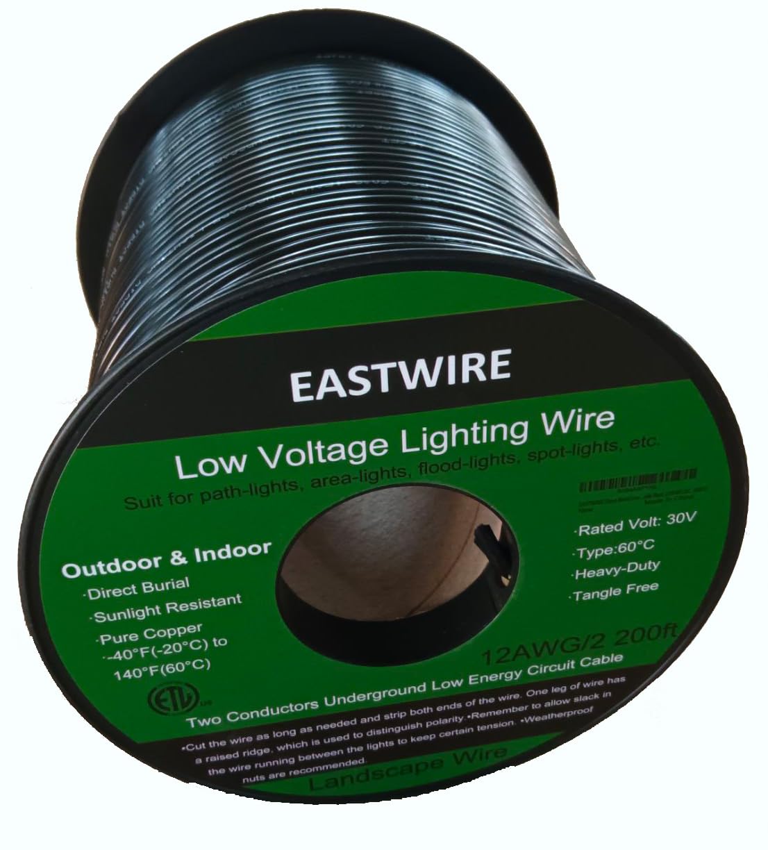 12/2 200ft Direct Burial Low Voltage Landscape Lighting Wire - Outdoor - Underground Low-Energy Circuit Cable, Light Cable, ETL Listed, Black