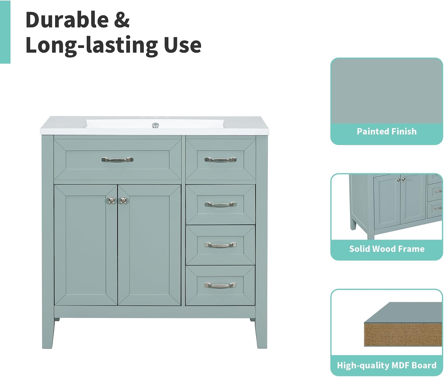 36' Bathroom Vanities Cabinet with Ceramic Sink Top, Two Doors and Three Drawers, Soft-Closing Door, Solid Wood Legs, Green