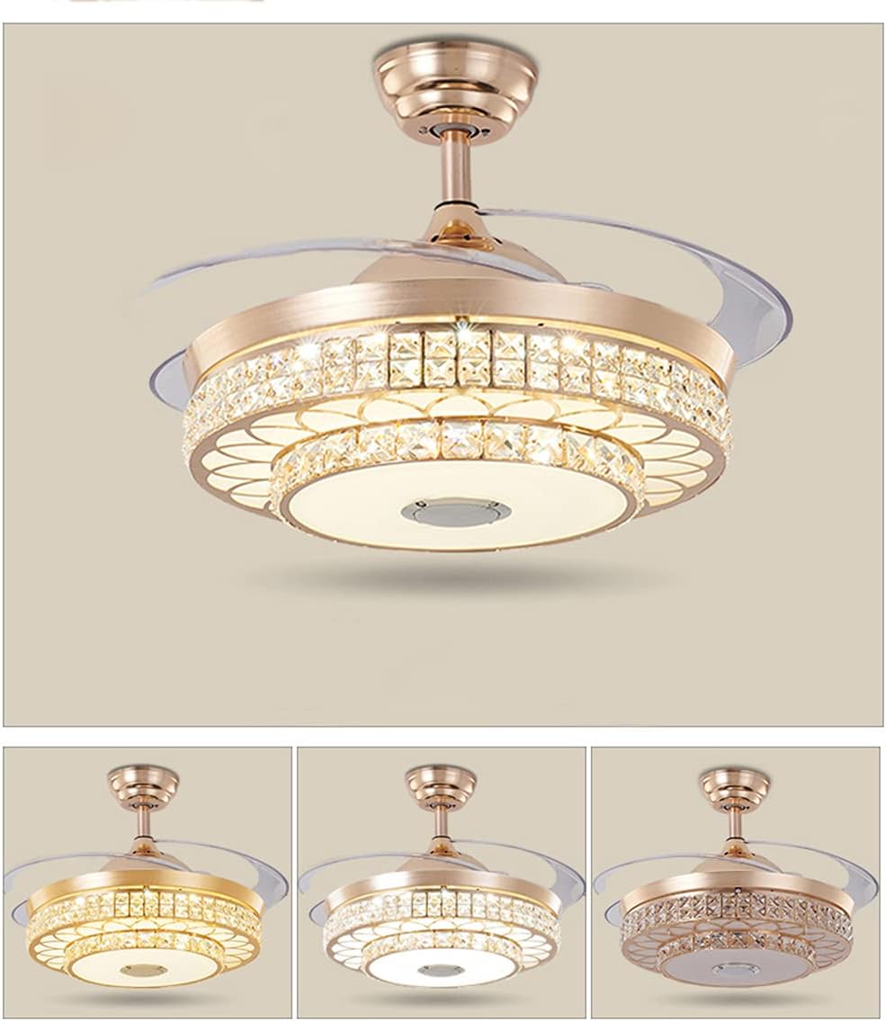 Fandian 42' Modern Smart Crystal Ceiling Fans with Lights and Remote Control, Retractable Bluetooth Speaker Chandeliers, 3 Colors Lighting Fandelier Fixtures for Bedroom, Living Room