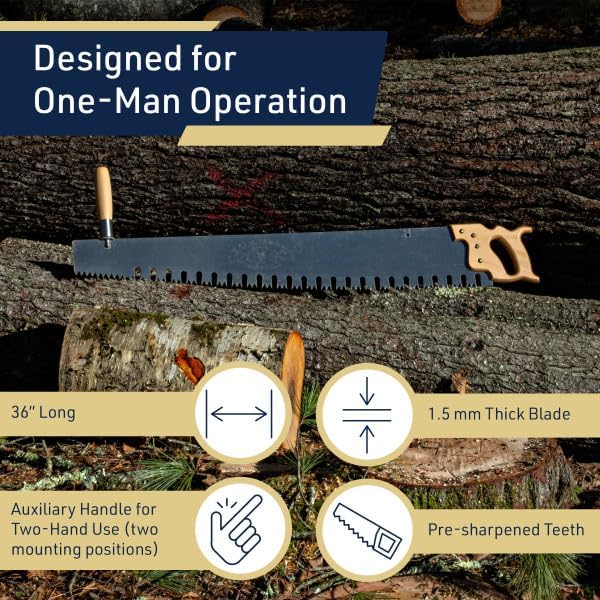 Hand Saw for Wood Cutting - 3' One Man Crosscut Saw for Logging with Screw-on Auxiliary Handle, Great American Style Teeth, and Self-Clearing Gullets by Kings County Tools