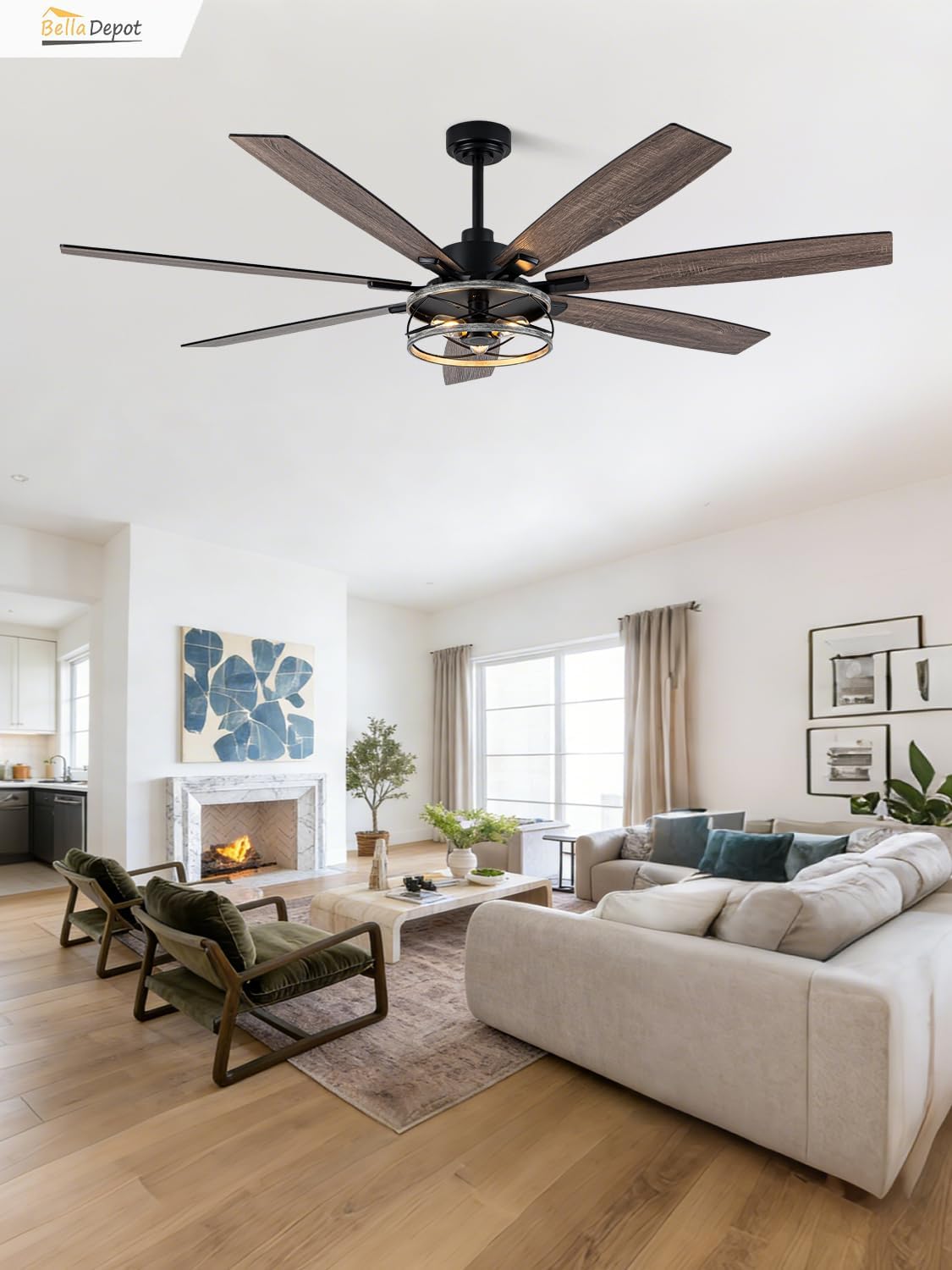 Bella Depot 72 Inch Farmhouse Ceiling Fan Modern Black Chandelier Fan with Remote Control 6-Speed Reversible Timing Option - Ideal for Large Living Room, Garage, and Covered Patio