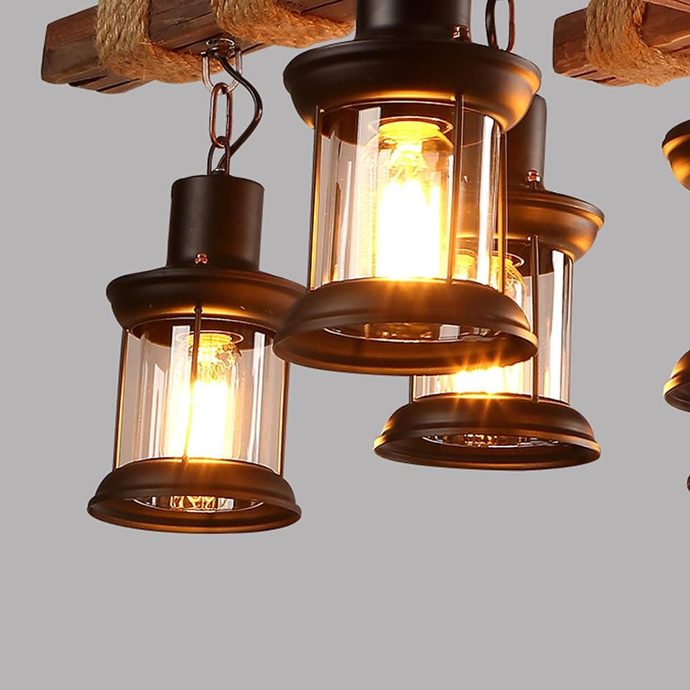 Wooden Hanging Lighting, 8 Lights Metal Chandelier, Industrial Kitchen Island Pendant Lamp, Farmhouse Vintage Pendant Lamp, Retro Ceiling Light, Glass Lampshade, Adjustable Chain (without bulb)