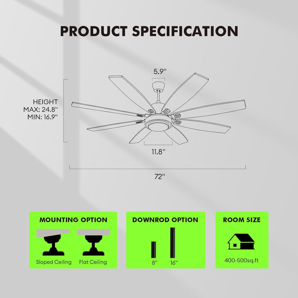 72 Inch Large Ceiling Fans with Lights and Remote Control, Modern Nickel Ceiling Fan with Quiet Reversible DC Motor, Timer, 6 Speeds for Living Room, Kitchen, Home Office, Outdoor Patio