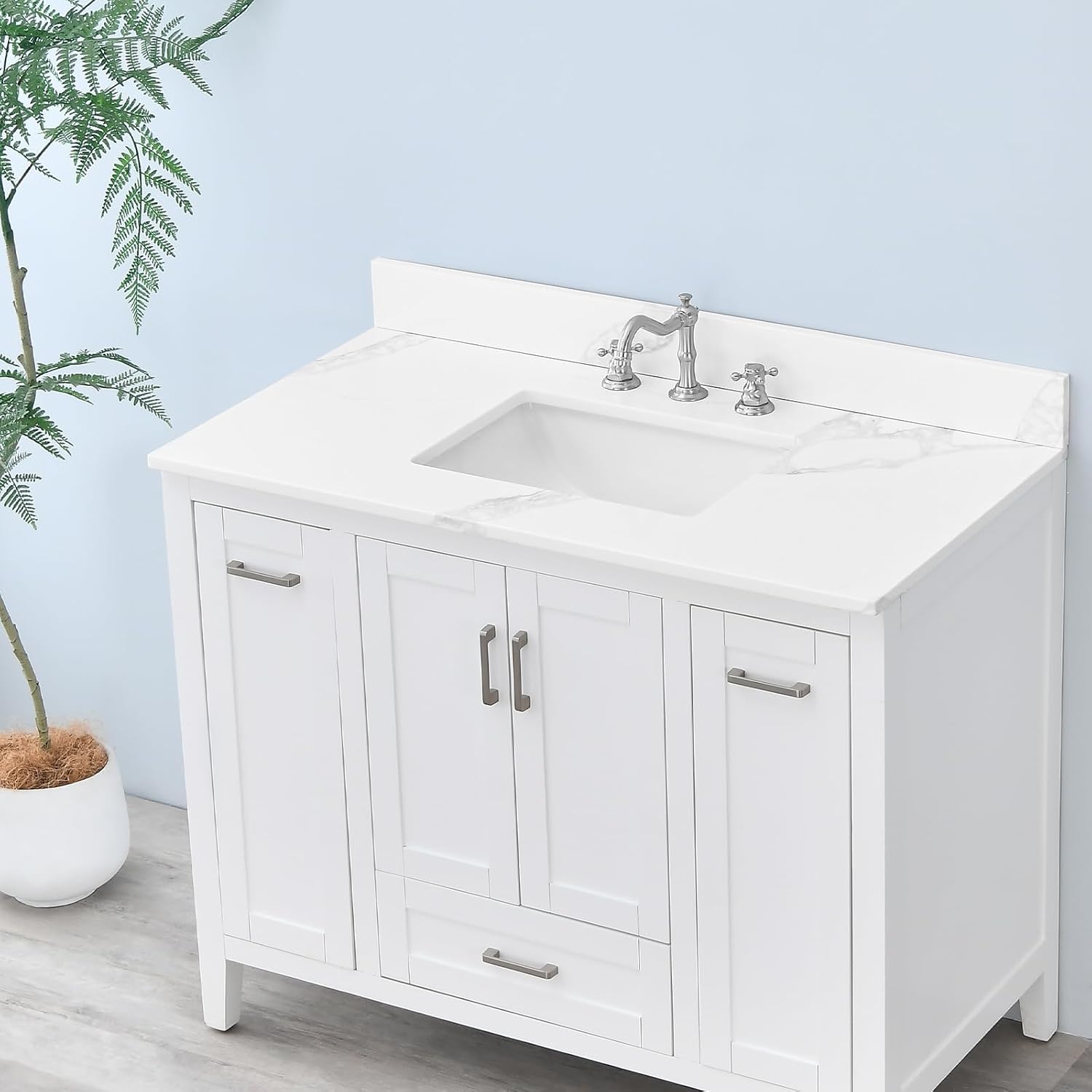 42 in. W x 22 in D Quartz Vanity Top in Calacatta Rocky, Vanity Sink Top with Assembled Single Drop-in Sink, Pre-Drilled Widespread Faucet Holes Countertop with 4' H Backsplash