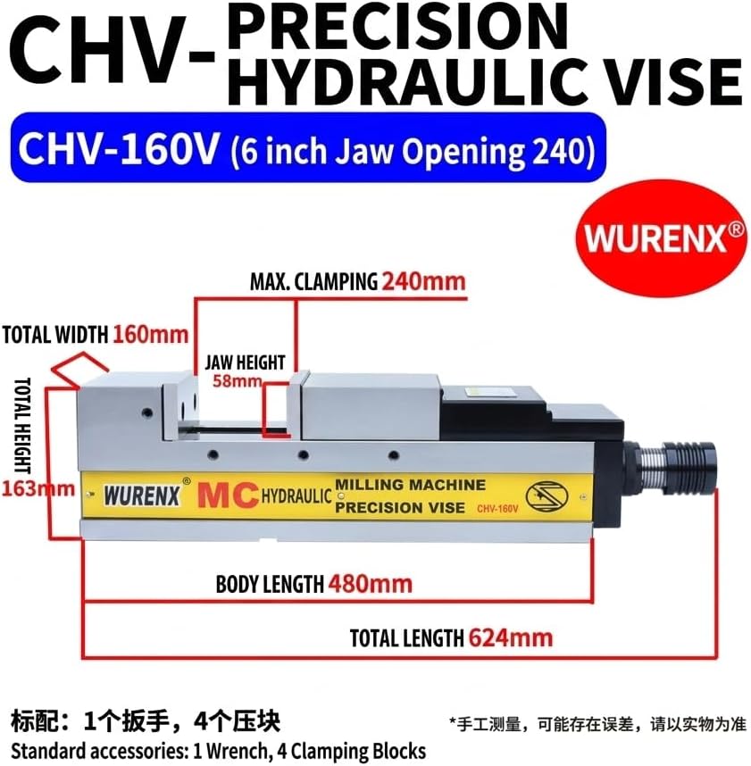High Precision Hydraulic CNC Machine Vise 4'/5'/6'/8', Heavy Duty Milling Vise for CNC Milling Machine, Hardened Steel Precision Vise for Metalworking Machining (CHV-160V 6inch(Jaw opening 9.45inch))