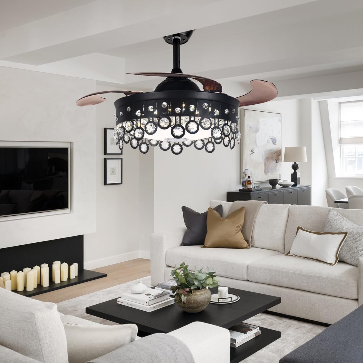 42 Inch Retractable Fandelier Ceiling Fan with Light Bluetooth Speaker, Modern Crystal Chandelier Fan with Remote 7 Color Change Black Smart Invisible Fan Light for Bedrooms Living Room