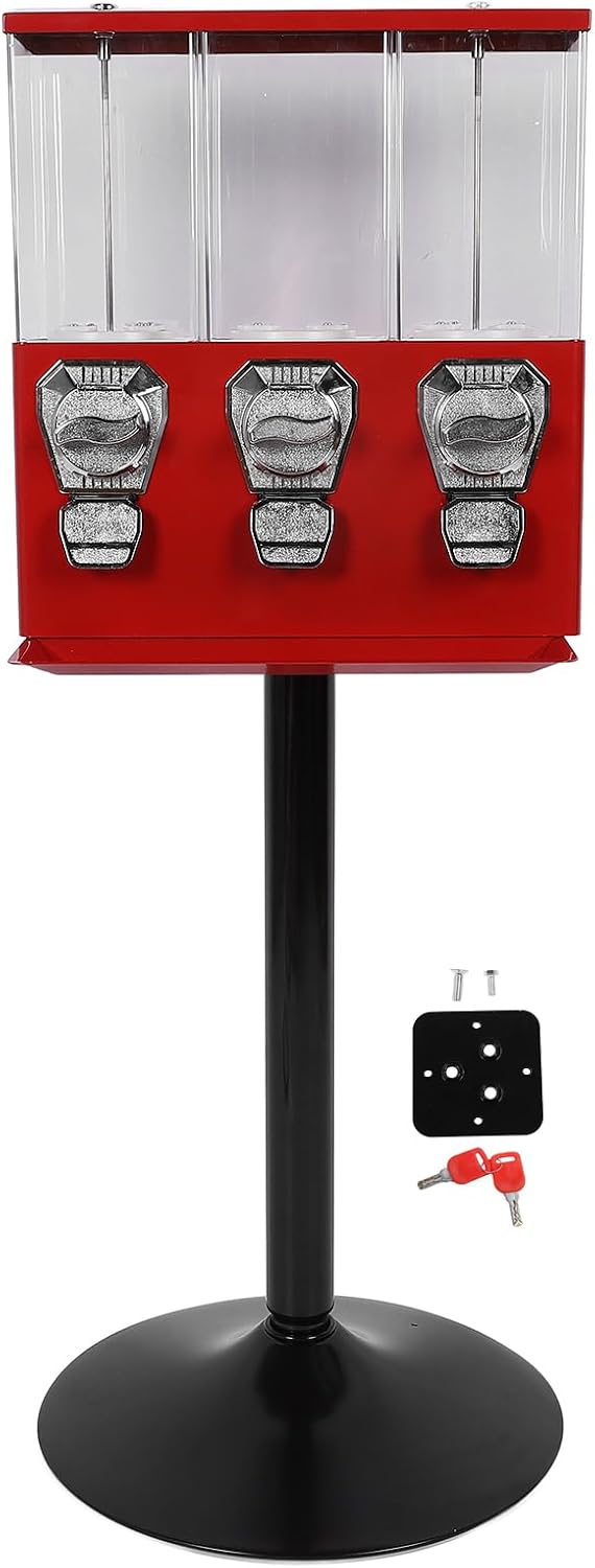 Candy Vending Machine, Candy Machine Dispenser with Stand Anti Theft Keys Triple Individual Candy Boxes, for Toy Capsules Bouncy Balls Candy Nut