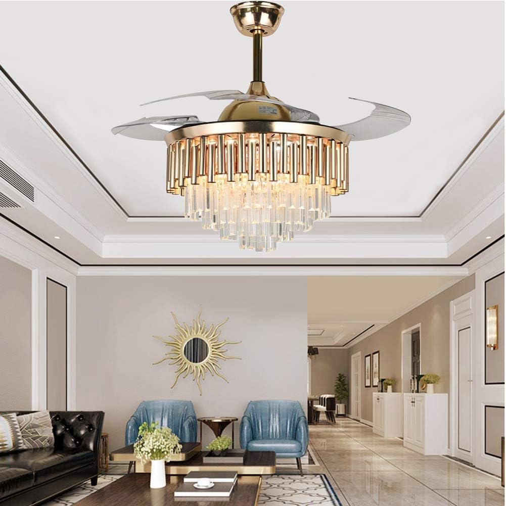 Fandian Crystal Ceiling Fan with Light Remote Control Fandelier, Modern Retractable Luxury Chanmdeliers Fan with 3 Color Change LED Light 3 Speed for Living Room Bedroom