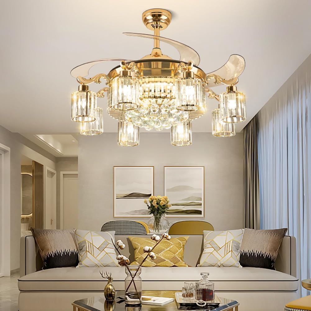 42' Modern Fandelier Ceiling Fan with Light and Remote, Gold Crystal Chandelier Fan with 8-Light Reversible Blade 6 Speed Change Silent Motor for Living Dining Room