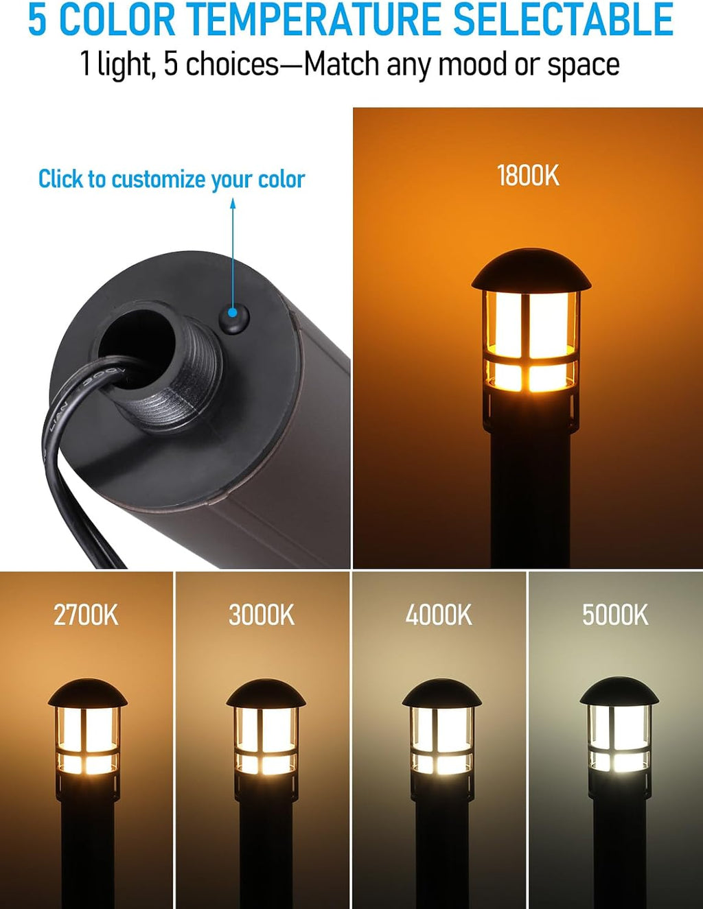 LEONLITE 5CCT Low Voltage Landscape Pathway Lights 3W Landscape Lighting 12-24V LED Bollard Path Lights Wired CRI90+ Aluminum Pathway Lighting for Walkway Yard Garden, ETL, 1800-5000K, Pack of 6