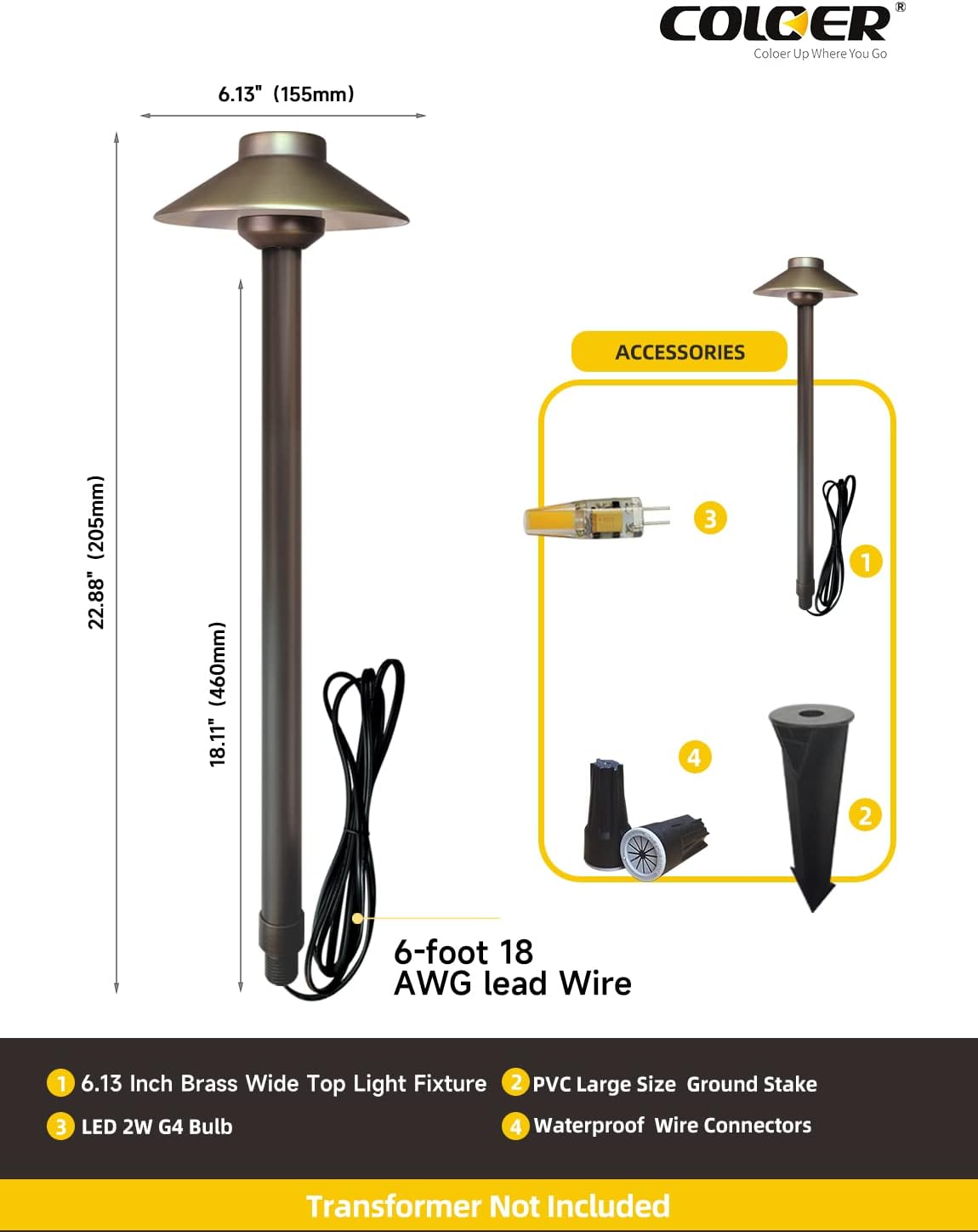COLOER Brass Low Voltage Pathway Lights Wired 4-Pack with 3W LED G4 Bulb,12V Waterproof China Hat Outdoor Path Lighting for Yard, Patio, Landscape, Planter, Walkway(602B)