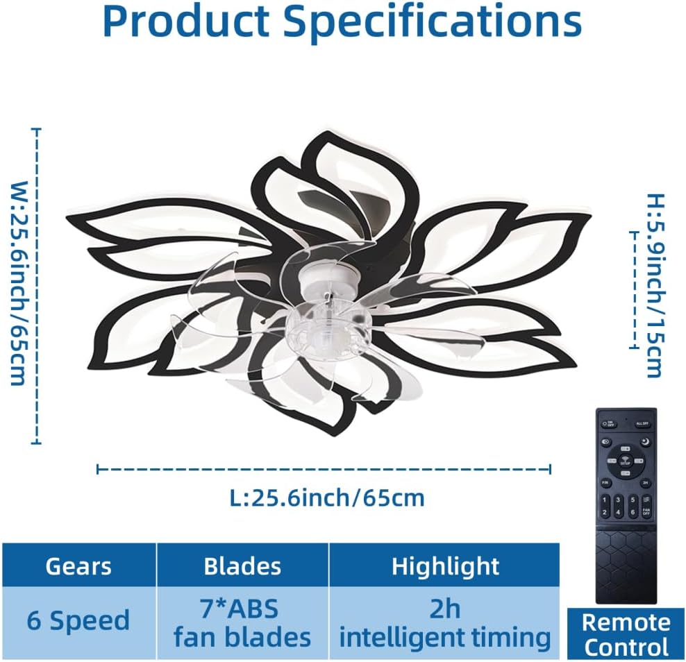 Flower Ceiling Fan Light Fixtures - Fandelier Ceiling Fan with Light & Remote, Modern Ceiling Fan with LED for Bedroom, Kitchen & Living Room | Unique Design (Black + Acrylic + Modern)