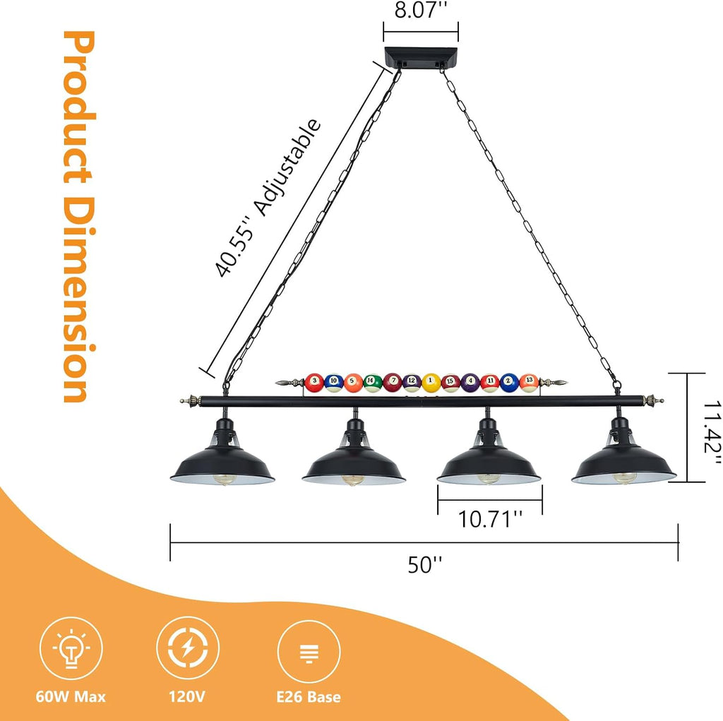 Billiard Pool Table Lights 4-Light Black Matte Metal Shades, 50'' Pool Table Lighting for 7'-8' Table, Billiard Light Suitable for Billiards Room, Snooker Table, Kitchen Island