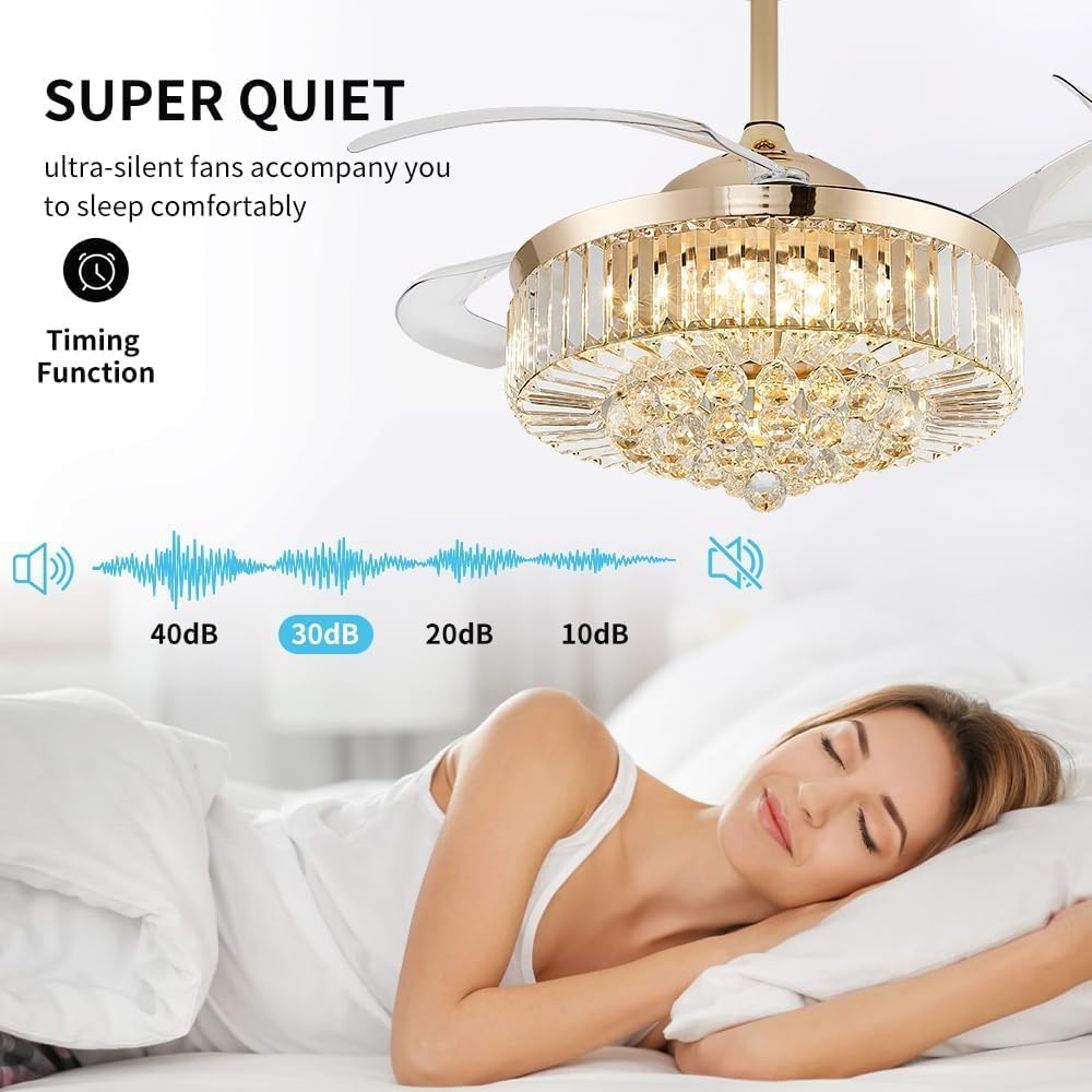 48 Inch Fandelier Ceiling Fan with Light, Chandelier Ceiling Fan for Bedroom Living Room, LED Dimmable, 6-Speed Reversible Motor, Timer & Memory Function-Gold