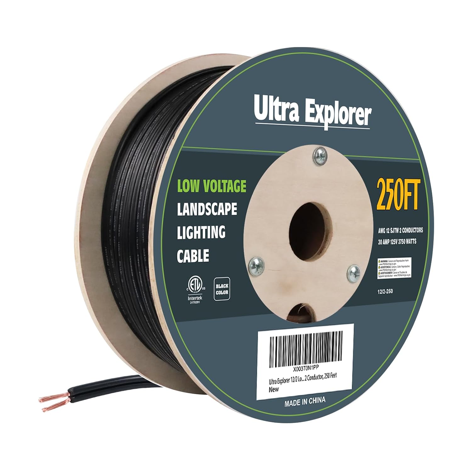 12/2 Low Voltage Landscape Lighting Wire, Outdoor Direct Burial Cable, 12 Gauge 2 Conductor, 250 Feet