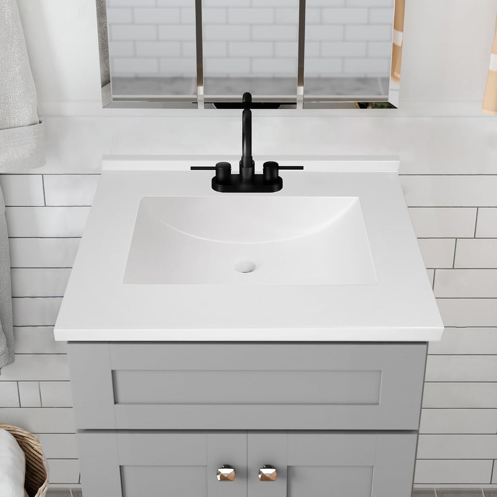 Design House Camilla II Vanity Top, Cultured Marble, Centerset Mount, Integrated Backsplash, Stain Resistant, Rectangle Bowl, White, 22 in D x 22 in W x 8.6 in H, Item 630210