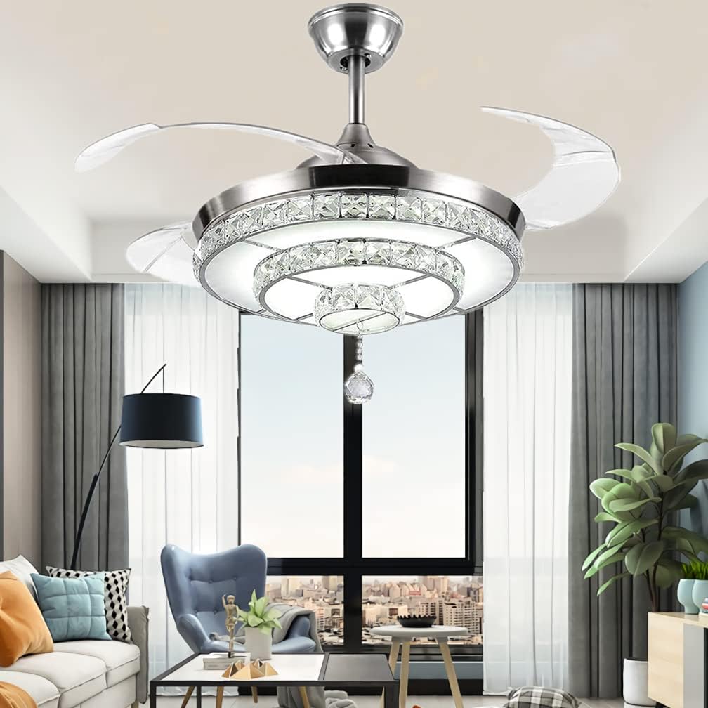 RuiWing 42' Crystal Ceiling Fan with LED Light and Remote Control Retractable Fandelier 3 Colors 3 Speeds with Silent Motor Luxury Fandelier for Bedroom Indoor Living Dining Room