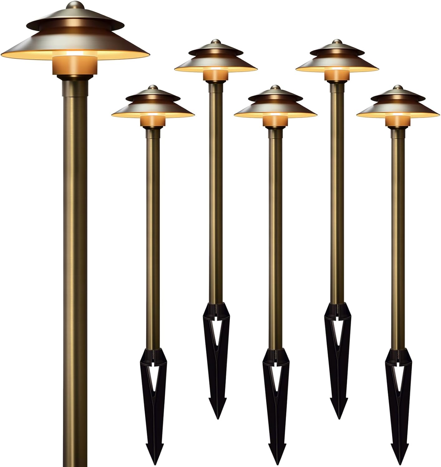 Gardencoin Solid Brass Low Voltage Landscape Pathway Lights (6'' Shade, 19'' Tall), 12V LED Heavy Duty Path Lighting Outdoor Wired, Waterproof Antique Bronze Walkway Light Without G4 Bulb,6 Pack