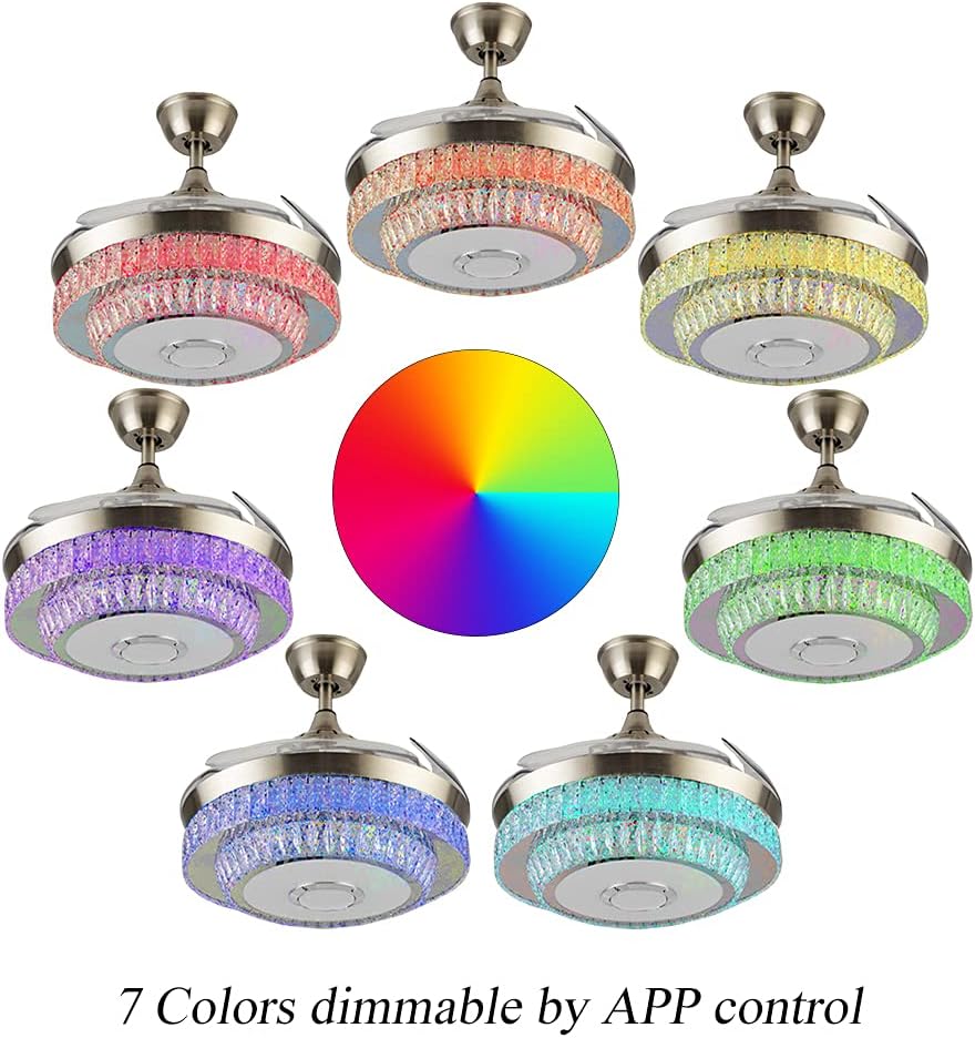 42'' Fandelier Crystal Ceiling Fan with Light, 3 Speeds Changes 7 Colors Dimmable Fandelier Bluetooth Speaker Music Ceiling Fans Modern 2 Layers Crystal Light Fixture for Bedroom,Living Room