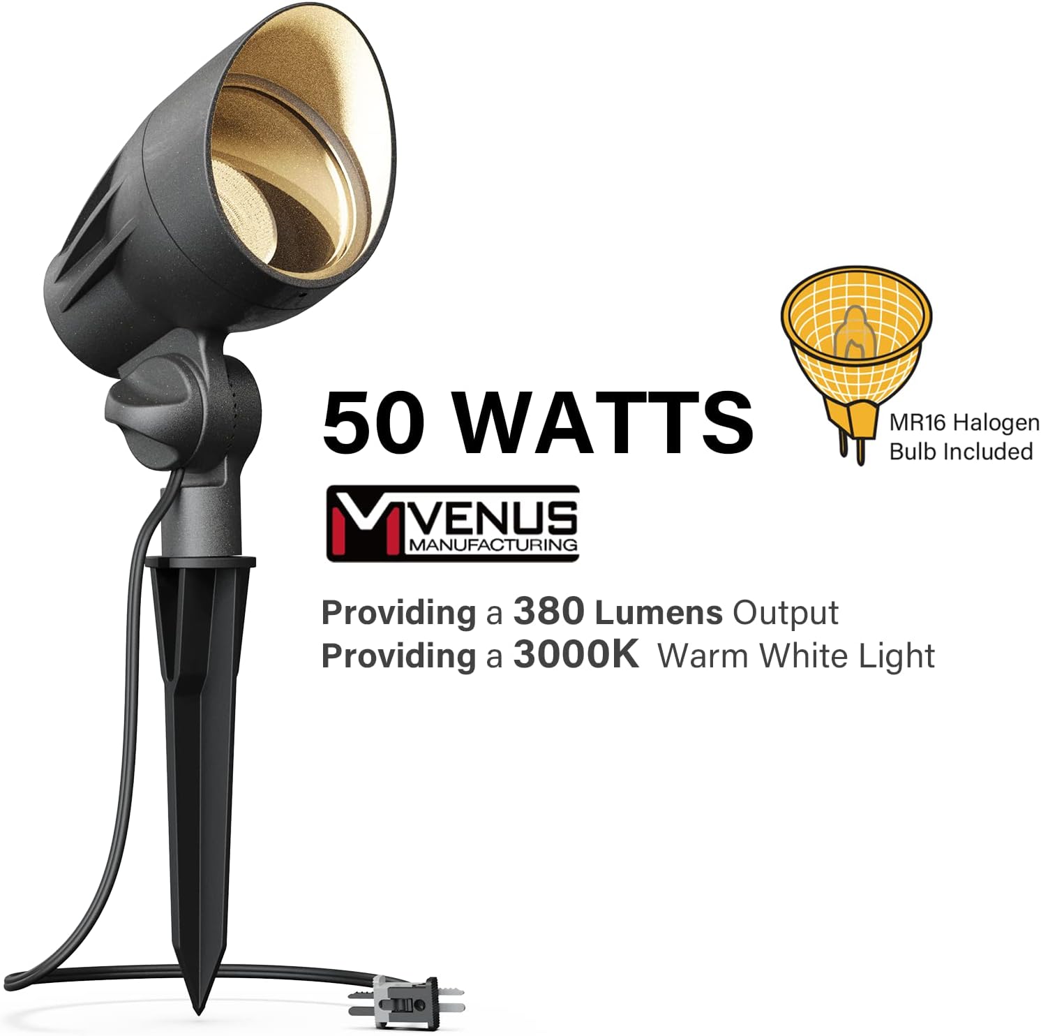 VENUS MANUFACTURING 16 Pack Low Voltage Landscape Flood Light 50W Halogen Outdoor Landscape Lighting Kits 380 Lumen Black Waterproof Spotlights 12V 3000K Warm White Metal Tree Lights for Garden & Yard