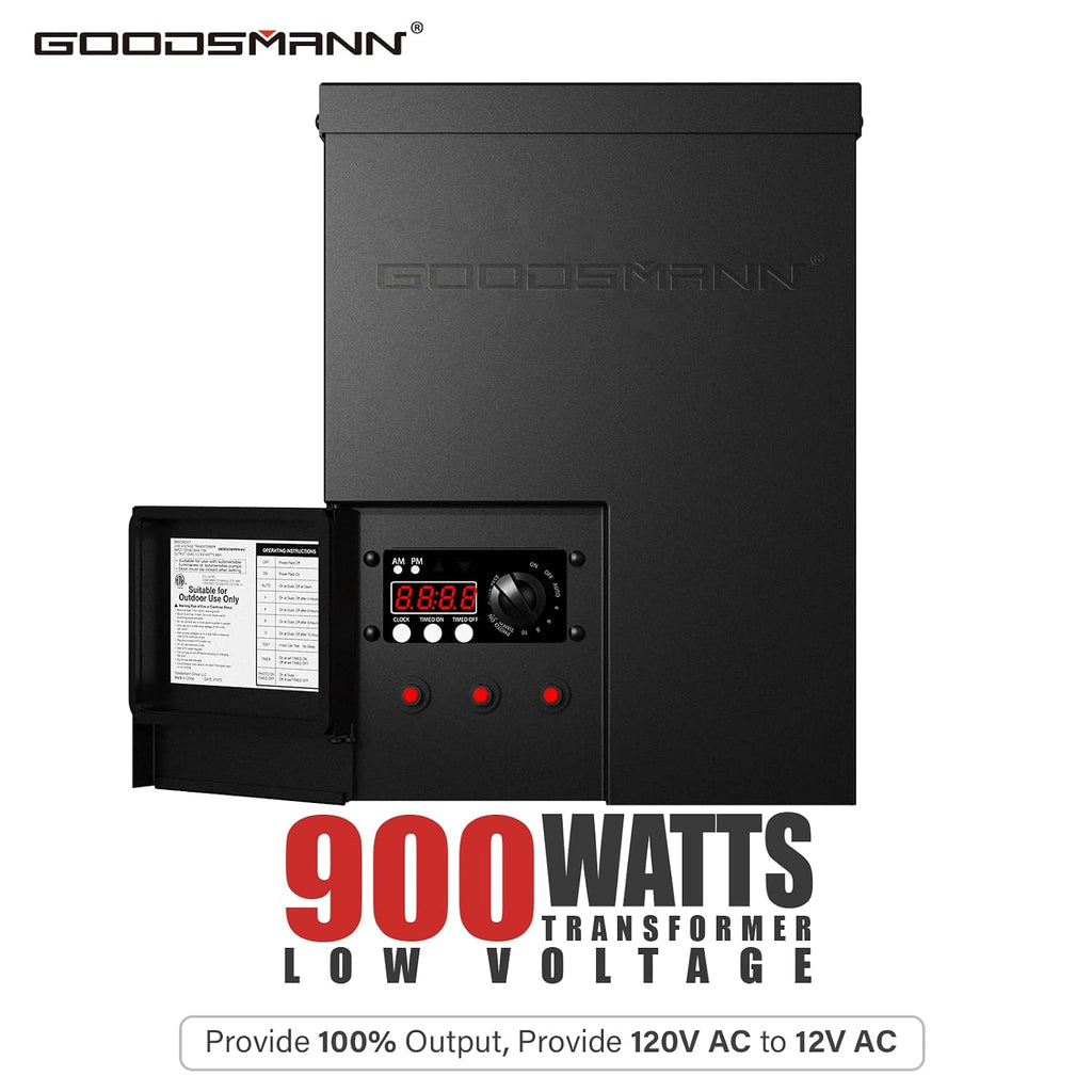 GOODSMANN Low Voltage Transformer Low Voltage Landscape Lighting Spotlight Outdoor Transformer with Photo Eye and Timer 120V Input 12V Output (900 Watts)