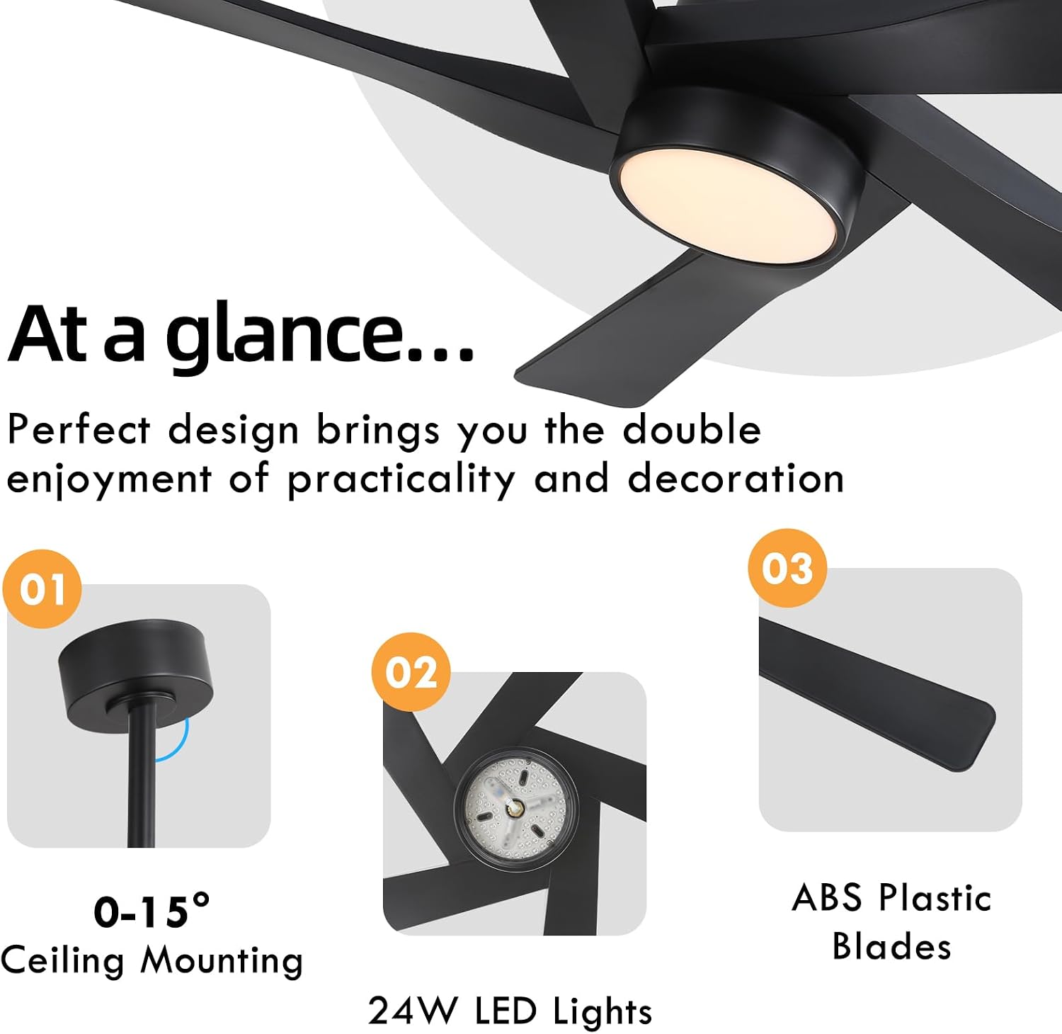 WINGBO 64' ABS DC Ceiling Fan with Lights, 5 Blade ABS Plastic Ceiling Fan with Remote, 6-Speed Reversible DC Motor, LED Ceiling Fans for Kitchen Bedroom Living Room, Matte Black