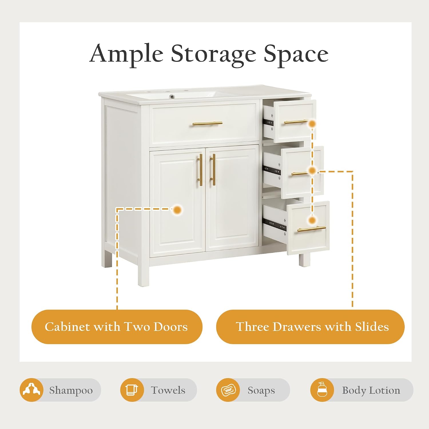Harper & Bright Designs 36' Bathroom Vanity with Sink, Bathroom Cabinet with Two Doors and Three Drawers, White Undermount Left Side SinkVanity Countertop, Solid Wood Frame