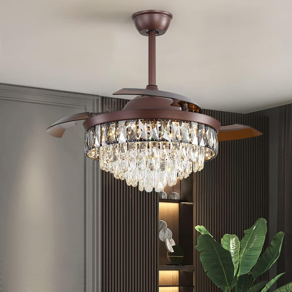 Fandian 42' Modern Crystal Ceiling Fan with Lights Remote Control Brown Chandelier Fixtures, Luxury Retractable Baldes Fandelier, 3 Color Lighting for Dining Room, Living Room