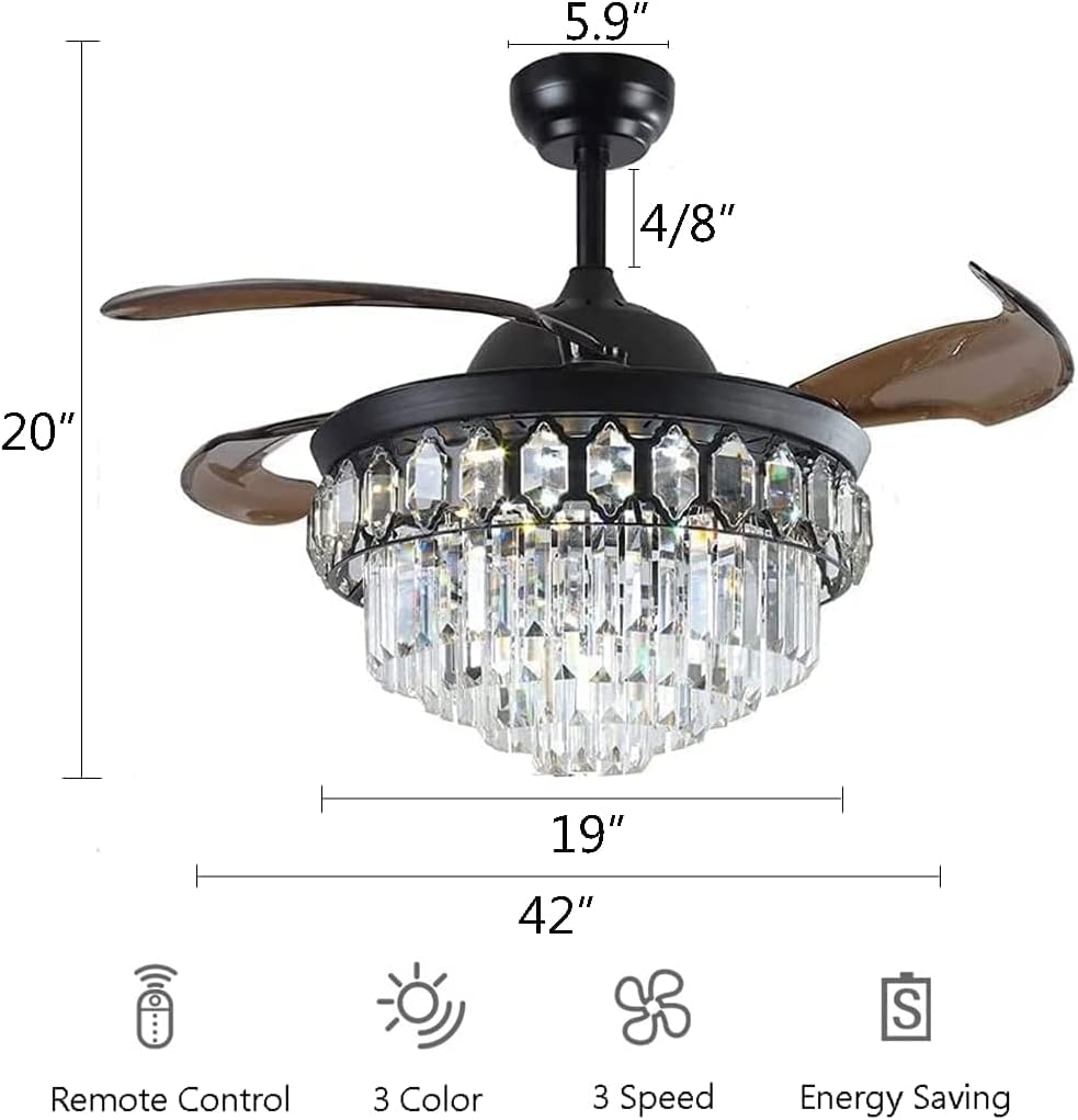 42'' Crystal Ceiling Fan with Light Modern Luxury Black Pendant Chandelier Geometric Design Led Light Fixture, Remote 3 Gears Adjustable Light Colors and Fan Speeds, Silent Motor