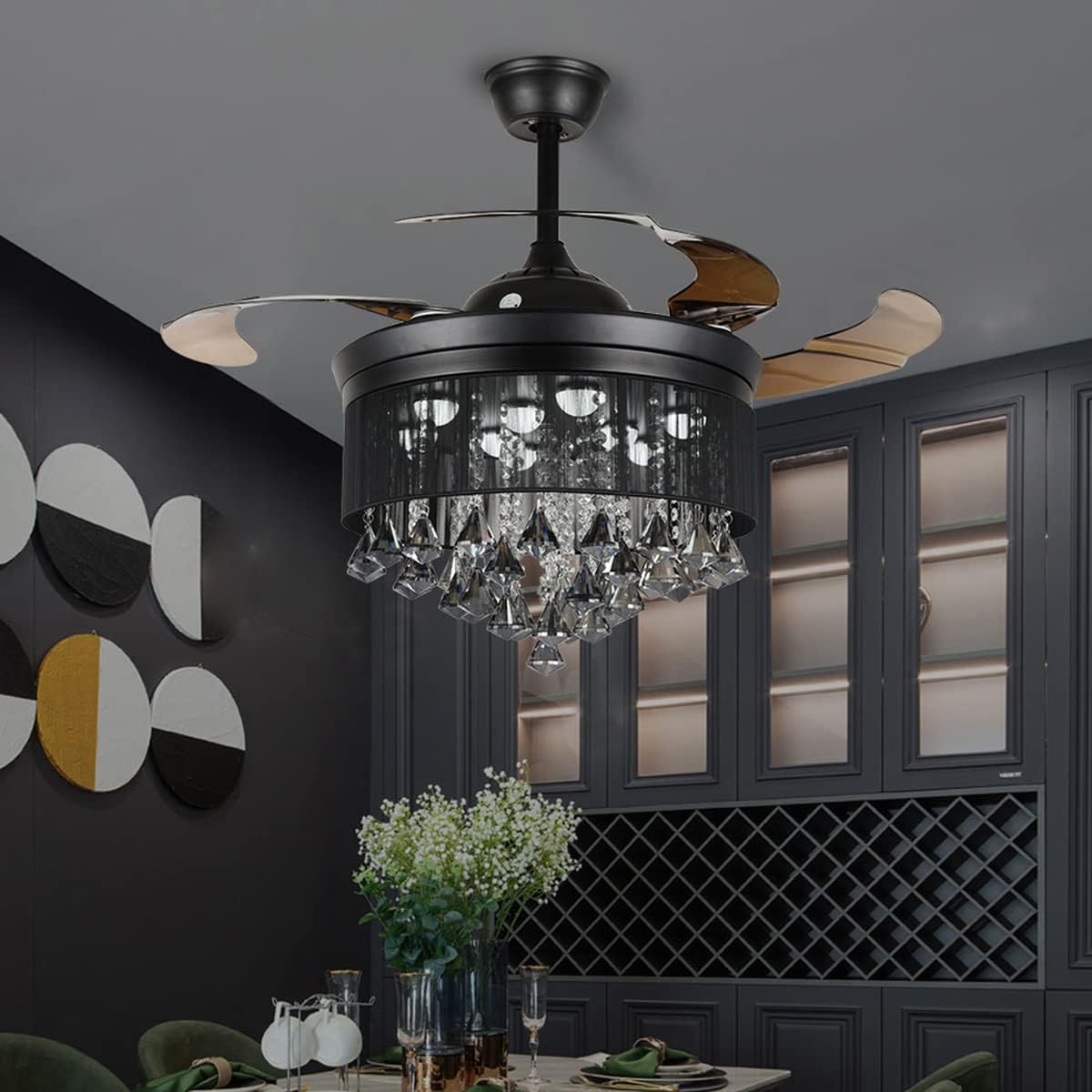 42'' Modern Crystal Ceiling Fans Light with Remote Retractable Blade Ceiling Fan Chandelier LED 3 Colors 3 Speed Fandelier Lighting Indoor for Living Room, Bedroom, Dining Room(Black)