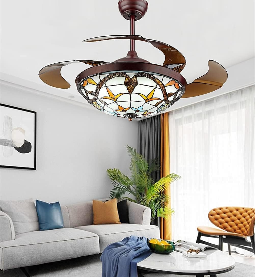 Fandian 42' Vintage Style Ceiling Fan with Light, Remote Control Classic LED Chandelier Retractable Blades 3 Light Changes Fandelier Lighting Fixture with Craft-Made Colorful Glass Lamp
