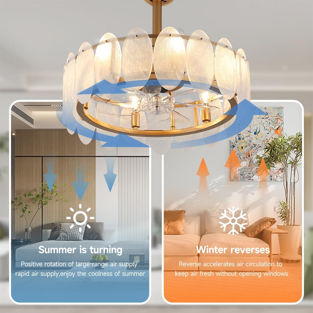 Deckrico 20' Gold Ceiling Fan with Crystal Light Modern Crystal Fandelier Chandelier Semi Flush Mount with Remote Control 6 Speeds for Bedroom, Living Room, Dining Room