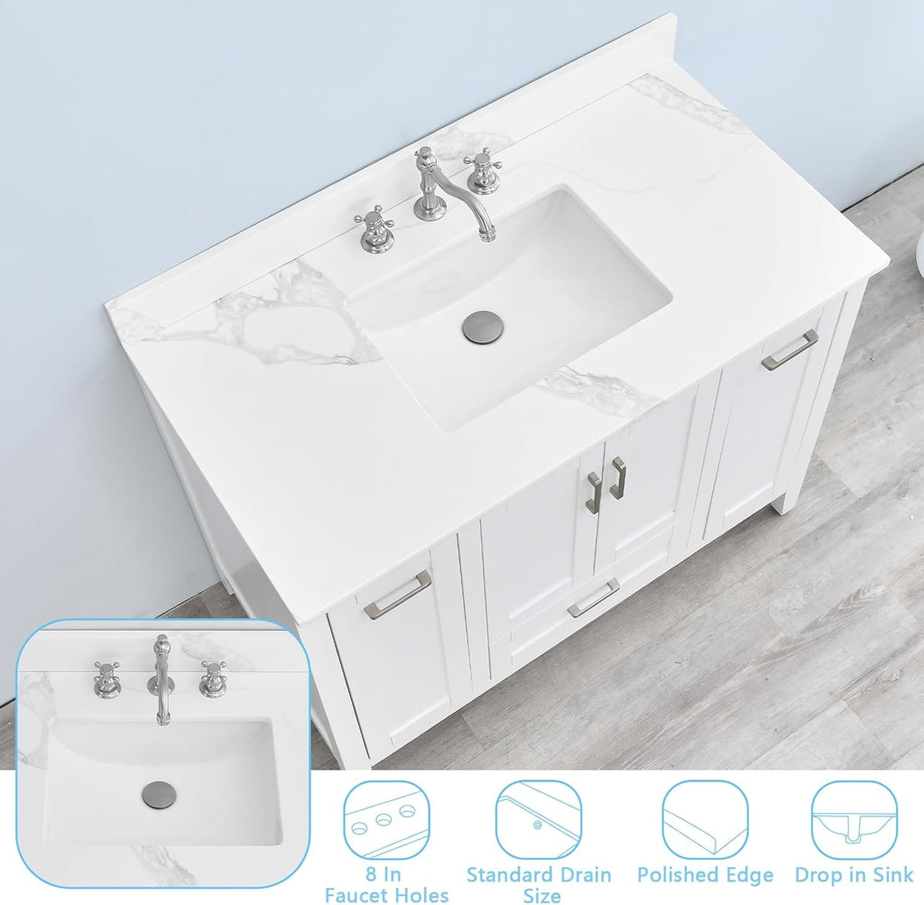 42 in. W x 22 in D Quartz Vanity Top in Calacatta Rocky, Vanity Sink Top with Assembled Single Drop-in Sink, Pre-Drilled Widespread Faucet Holes Countertop with 4' H Backsplash
