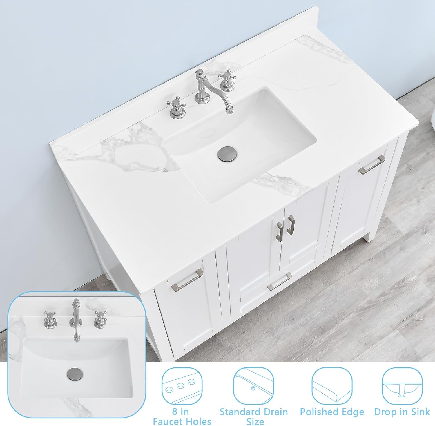 42 in. W x 22 in D Quartz Vanity Top in Calacatta Rocky, Vanity Sink Top with Assembled Single Drop-in Sink, Pre-Drilled Widespread Faucet Holes Countertop with 4' H Backsplash