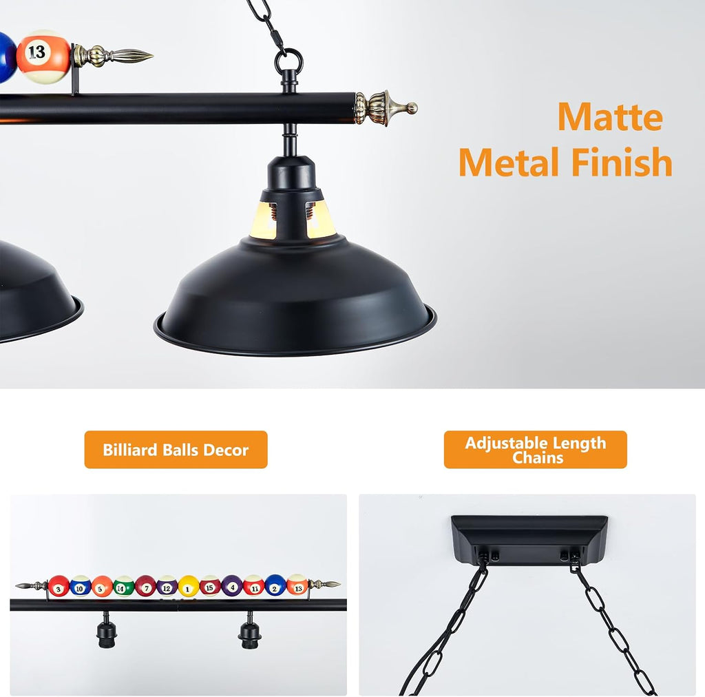 Billiard Pool Table Lights 4-Light Black Matte Metal Shades, 50'' Pool Table Lighting for 7'-8' Table, Billiard Light Suitable for Billiards Room, Snooker Table, Kitchen Island