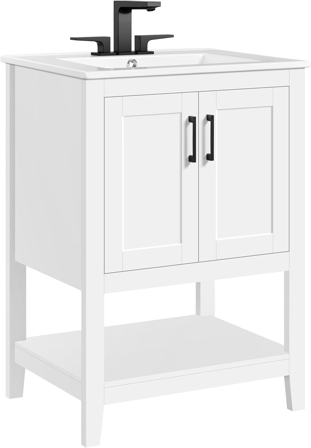 Yaheetech 24' Modern Bathroom Vanity with Sink, Bathroom Sink Cabinet with Rectangular Ceramic Basin, Bathroom Vanities Cabinet with 2 Doors and 1 Open Shelf, White