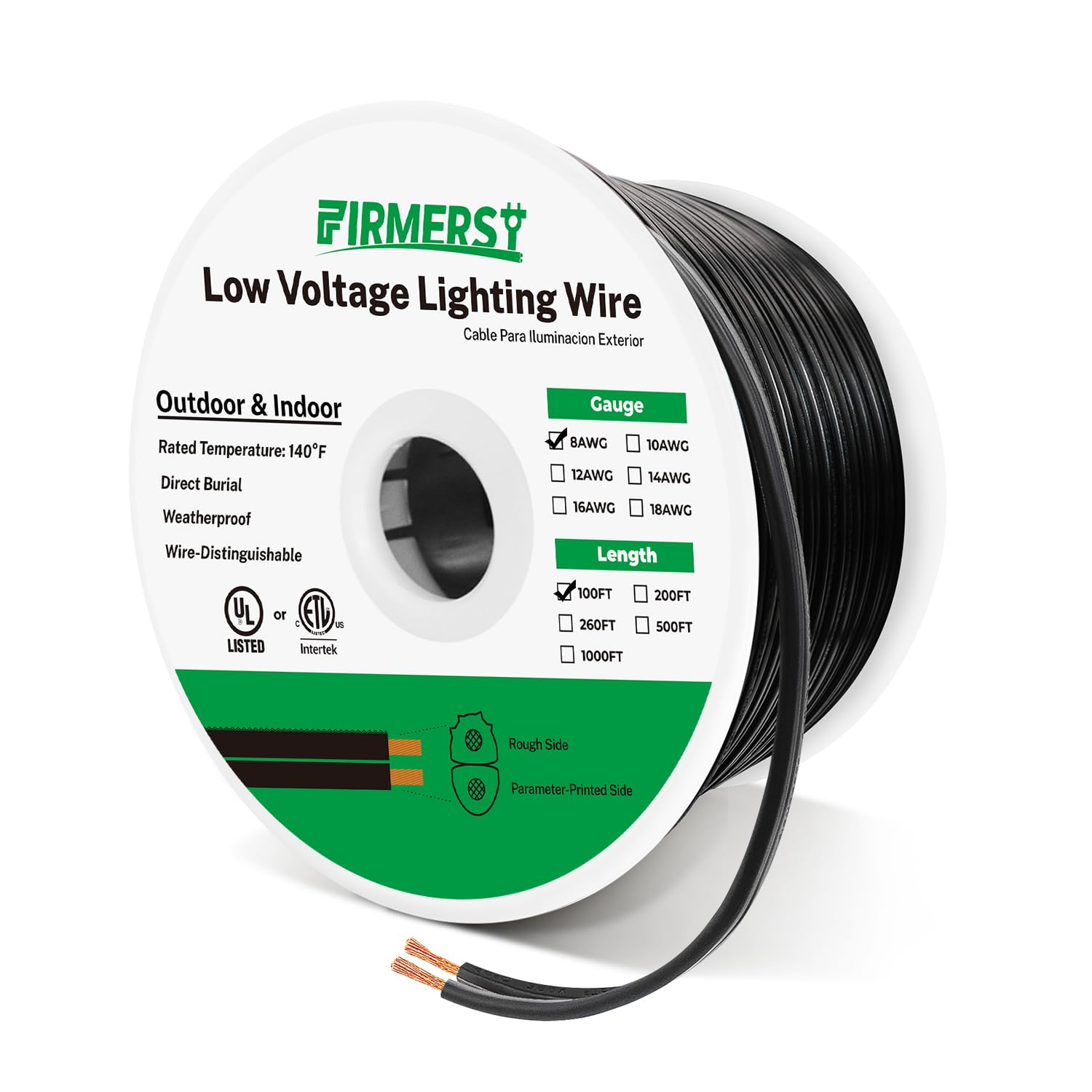 FIRMERST 8/2 Low Voltage Landscape Wire 100FT with Spool, ETL Listed, Pure Copper,