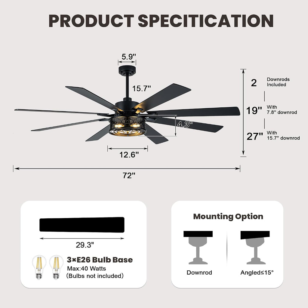 Dawn Whisper 72 Inch Farmhouse Ceiling Fans with Lights Quiet Reversible DC Motor Caged Rustic Ceiling Fans with Remote Industrial Chandelier Fan for Living room Bedroom(Black)