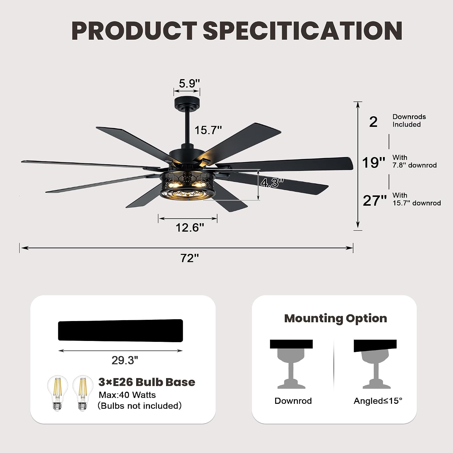 Dawn Whisper 72 Inch Farmhouse Ceiling Fans with Lights Quiet Reversible DC Motor Caged Rustic Ceiling Fans with Remote Industrial Chandelier Fan for Living room Bedroom(Black)