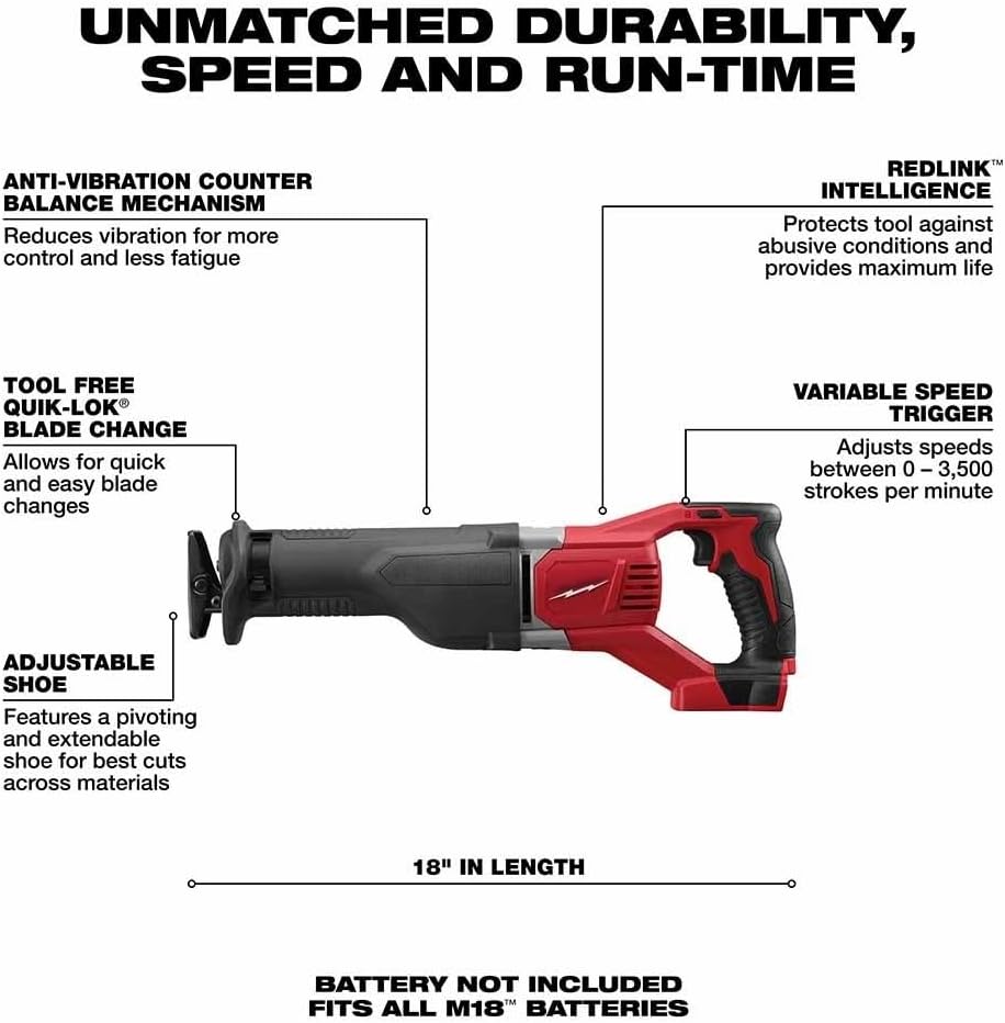 2621-20 Brushed Power Saws for Milwaukee M18 Cordless Variable Speed Reciprocating Saw - Bare Tool