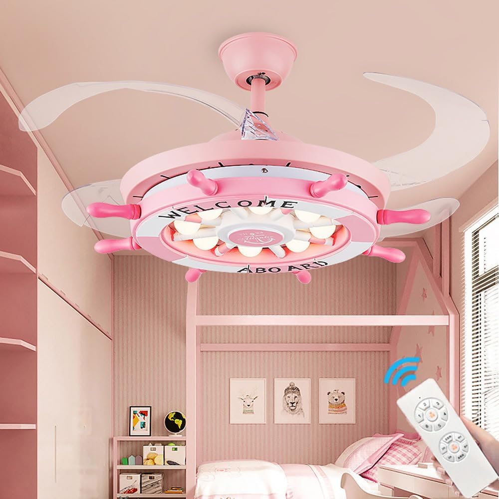 42' Chandelier Ceiling Fans with Lights Kids Nautical Rudder Invisible Ceiling Fan Light with Remote Control Retractable Blades Reversible Ceiling Fan with Light for Boys Girls Bedroom Nurser
