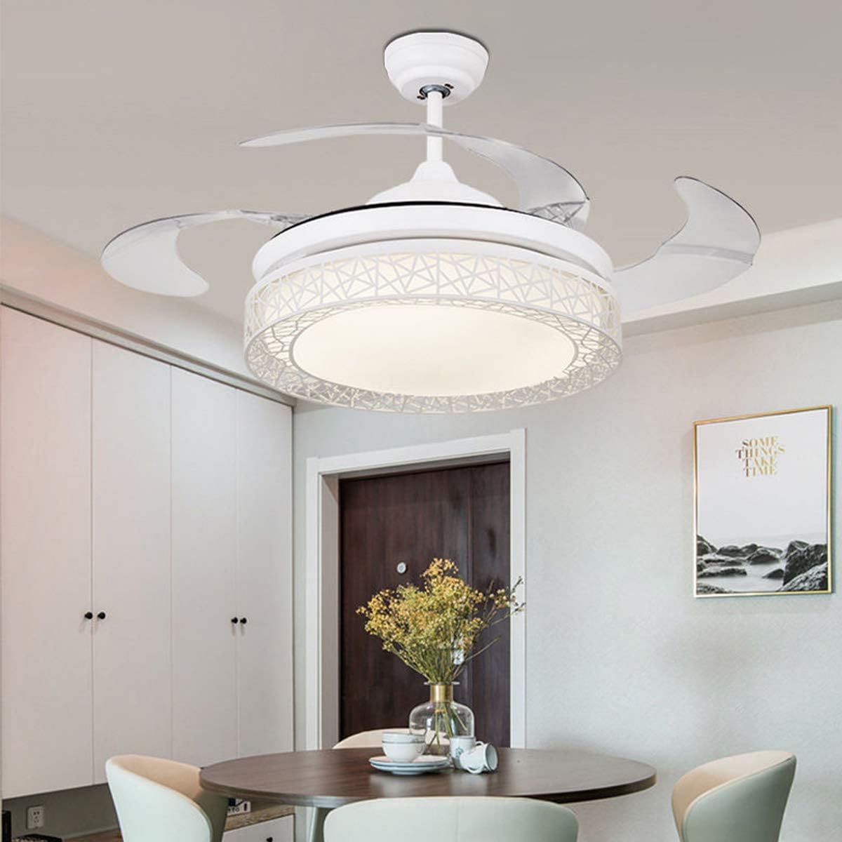 42' Retractable Ceiling Fan with Light, Modern Chandelier Ceiling Fan with Remote, Retractable Blades, 3 Color Light Dimmable Ceiling Fan and Light for Bedroom Living Room Dining Room (White)