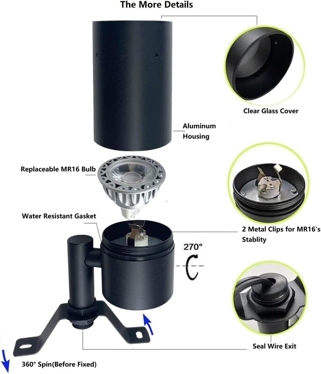 Landscape Lighting Low Voltage Tree Lights Outdoor Moonlight,Replaceable MR16 LED Aluminum for Landscape Down Light Directional Wall Patio Mounted Post Fence Lights Black Finish 4 Packs