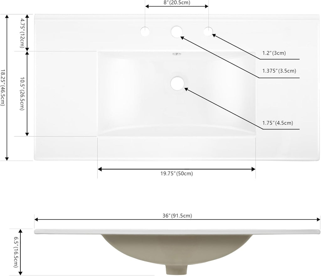 JONATHAN Y Ancillary 36 in. W x 18.25 in. D Ceramic Vanity Sink Top with 3-Hole Rectangular Single Sink Basin, White SNK1003A