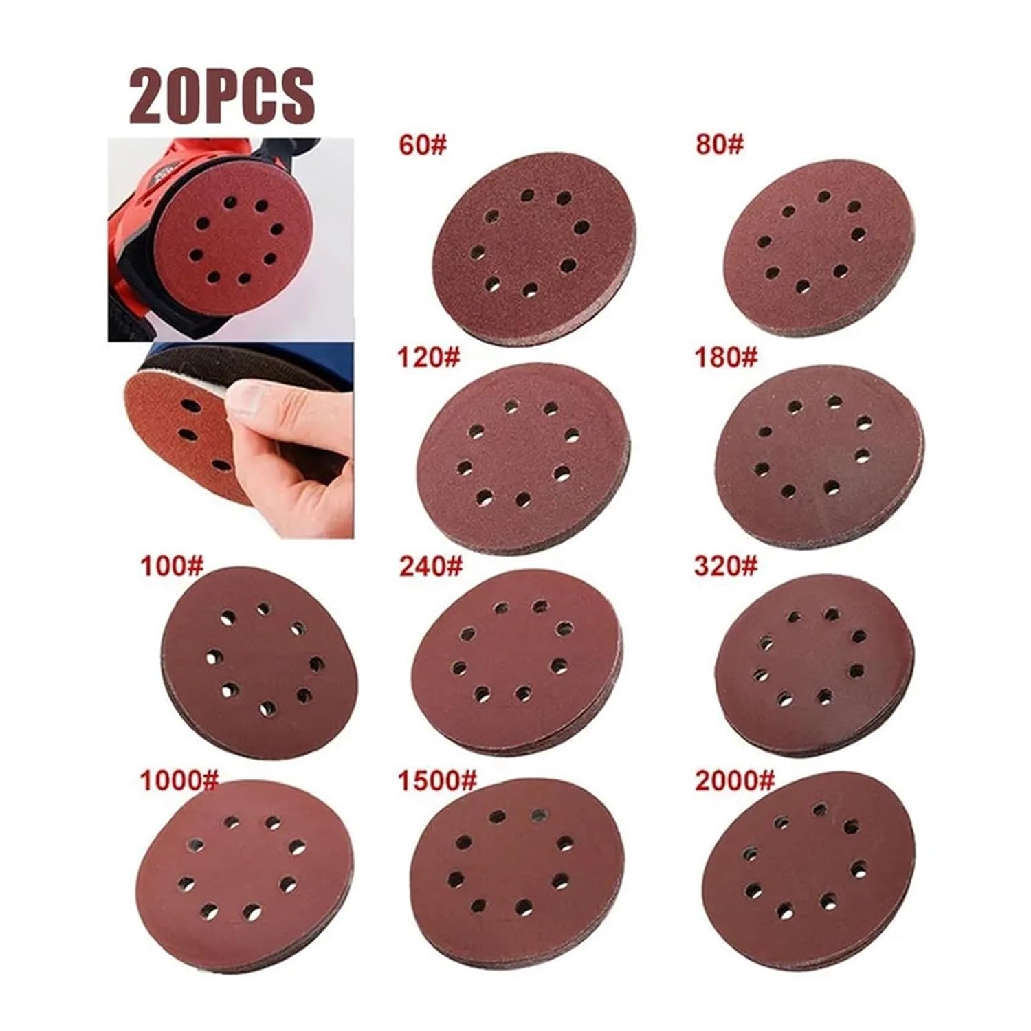 20 Pcs 5 Inch 125mm Round Sandpaper 8 Hole Sanding Discs Hook & Loop Grit 40-2000(1200)
