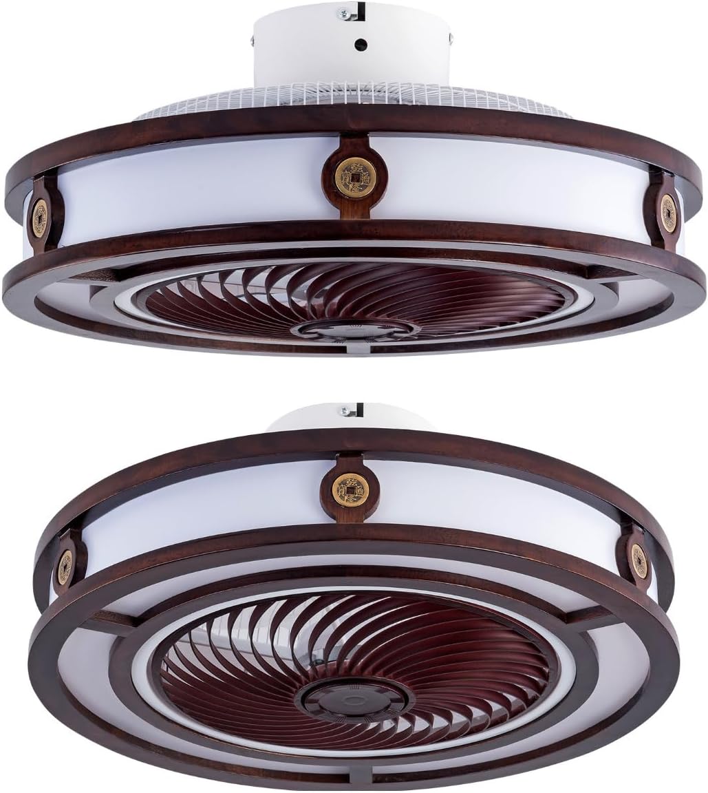 LOYALHEARTDY 20' Red Fandelier Ceiling Fan with LED Light Remote Control, 6-Speed 1/2/4H Timer Quiet Enclosed Low Profile Flush Mount Bladeless Ceiling Fan - Copper Coin